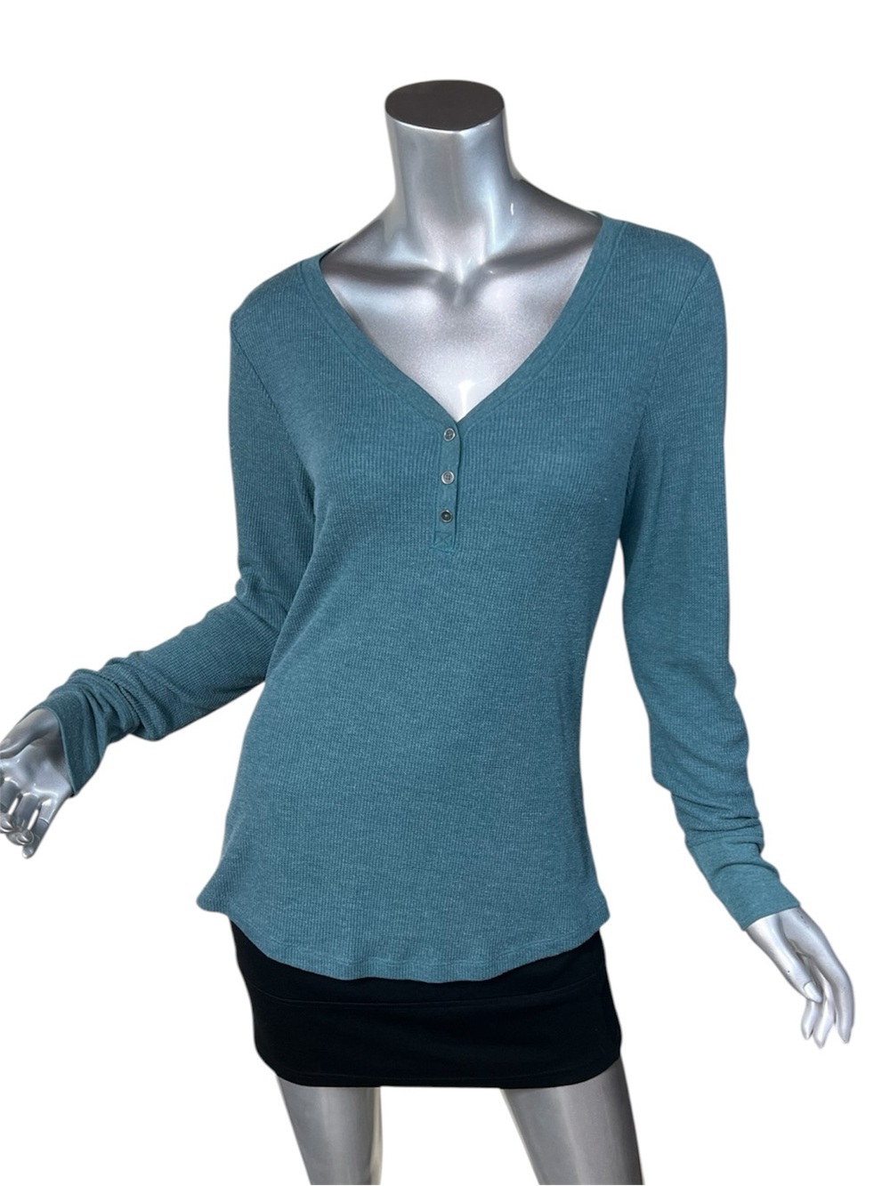 Faded Glory Juniors Large Teal Blue Waffle Knit V Neck Henley Thermal Shirt
